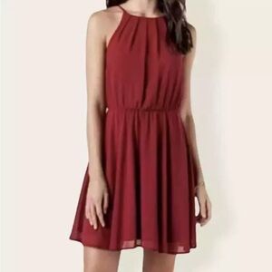 Lush Burgundy Chiffon Sleeveless Pleated Blouson Mini Skater Dress Medium